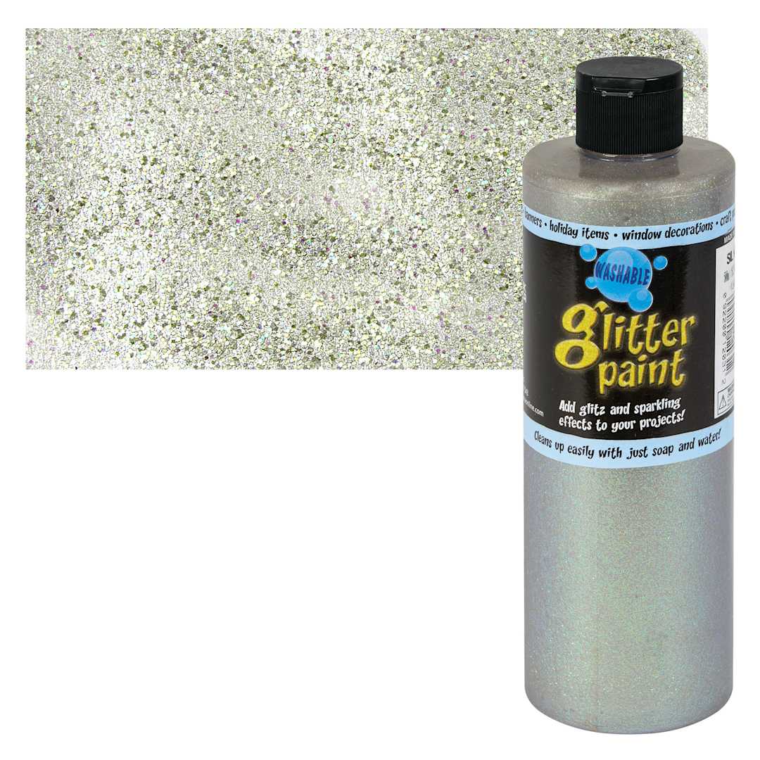 Open in modal - Chroma Glitter Tempera Paint - Silver Glitter, 16 oz bottle and swatch