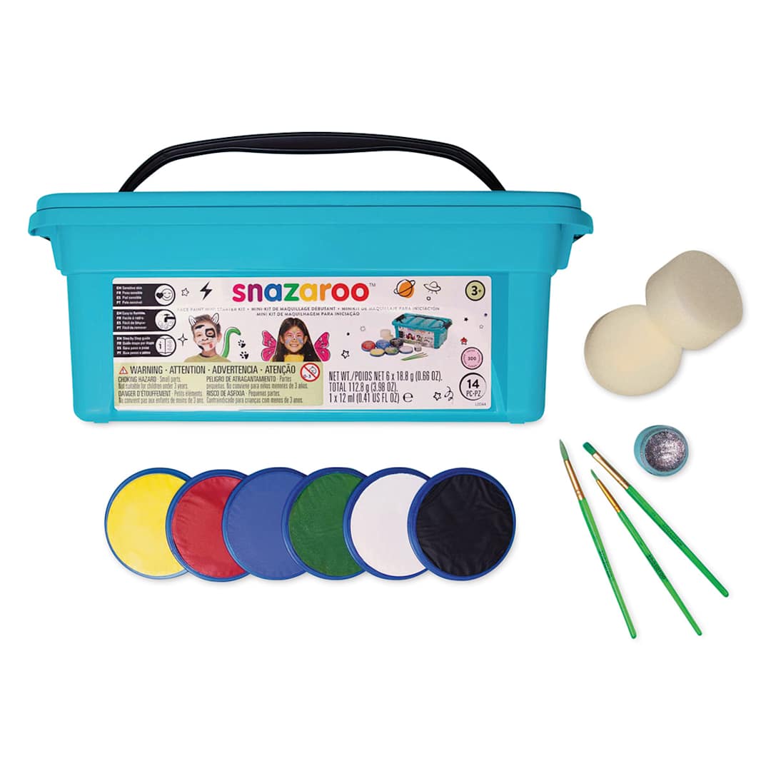 Open in modal - Snazaroo Face Paints - components of Mini Starter Set shown with storage box package