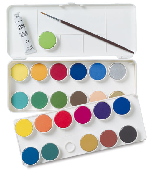 Open in modal - Grumbacher Watercolor Pans - Opaque Pan, Set of 24 Colors (Shown with brush and paint tube)