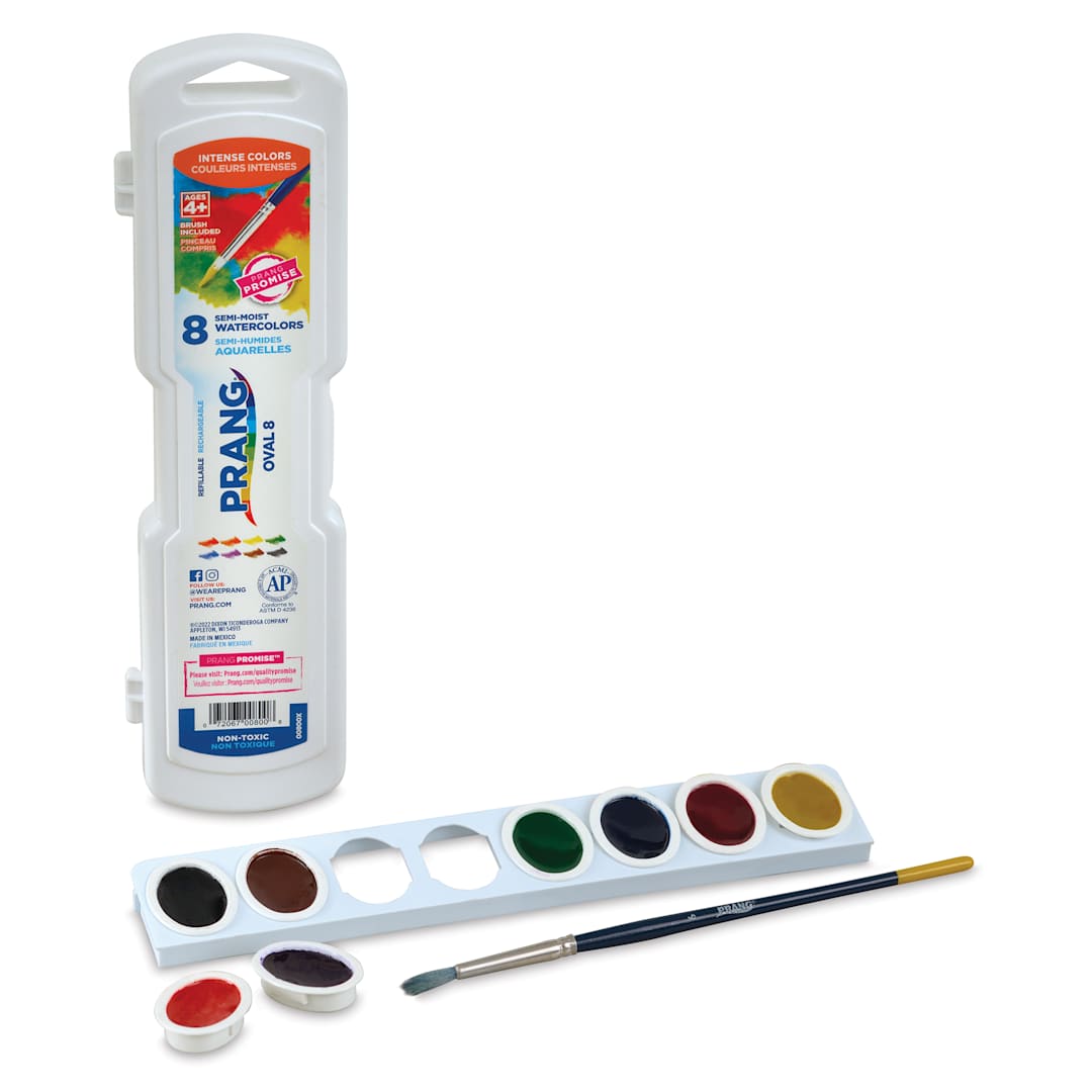 Open in modal - Prang Semi-Moist Watercolor Paint - Oval Pans, Assorted, Set of 8 with pans removed and showing the included brush