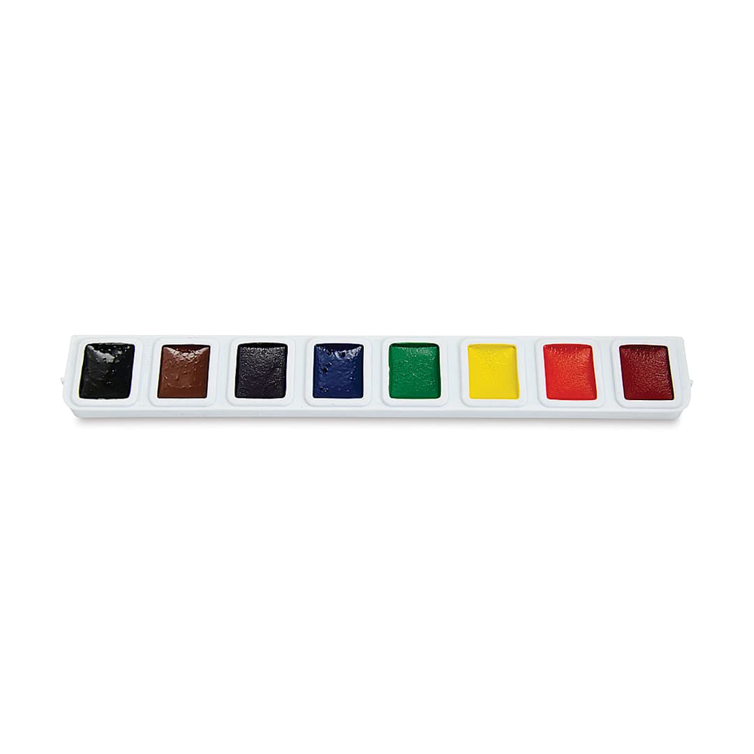 Open in modal - Prang Semi-Moist Watercolor Pans - 8-Color Refill, Package of 12, Square. Open tray of eight colors.