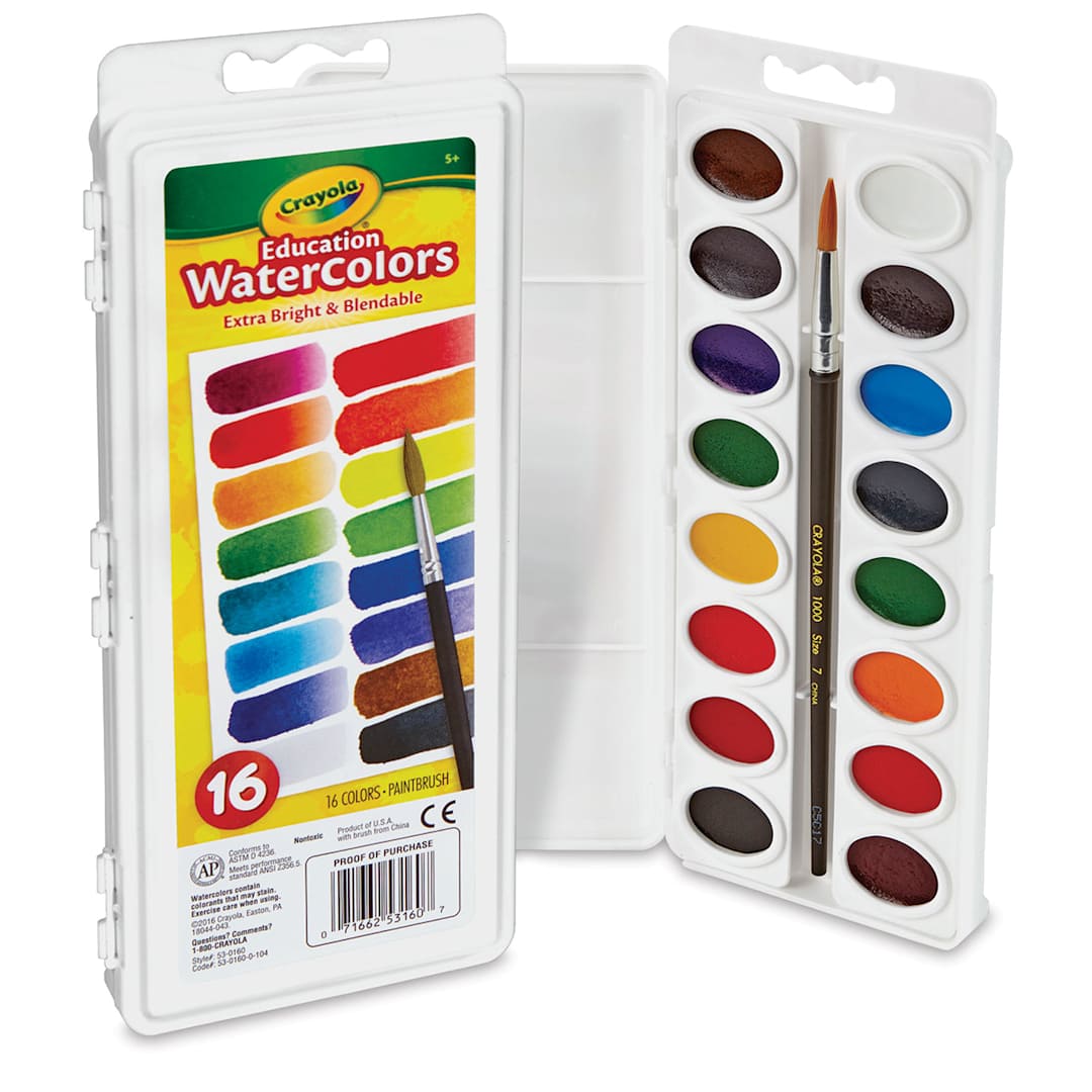 Open in modal - Crayola Educational Watercolor Pan Set - 16 Oval Colors.  Closed and lid-open views of set.