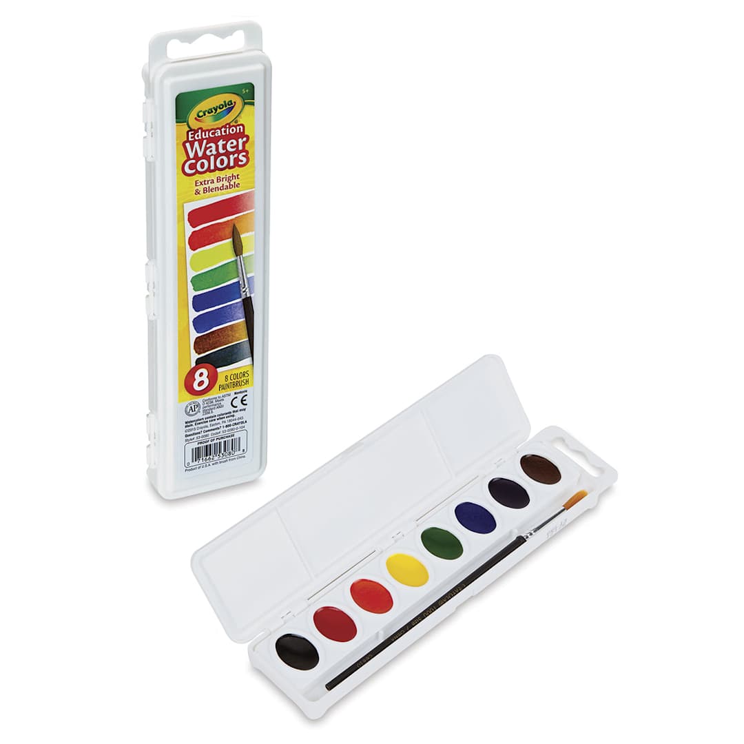 Open in modal - Crayola Educational Watercolor Pan Set - 8 Oval Colors.  Closed and lid-open views of set. 