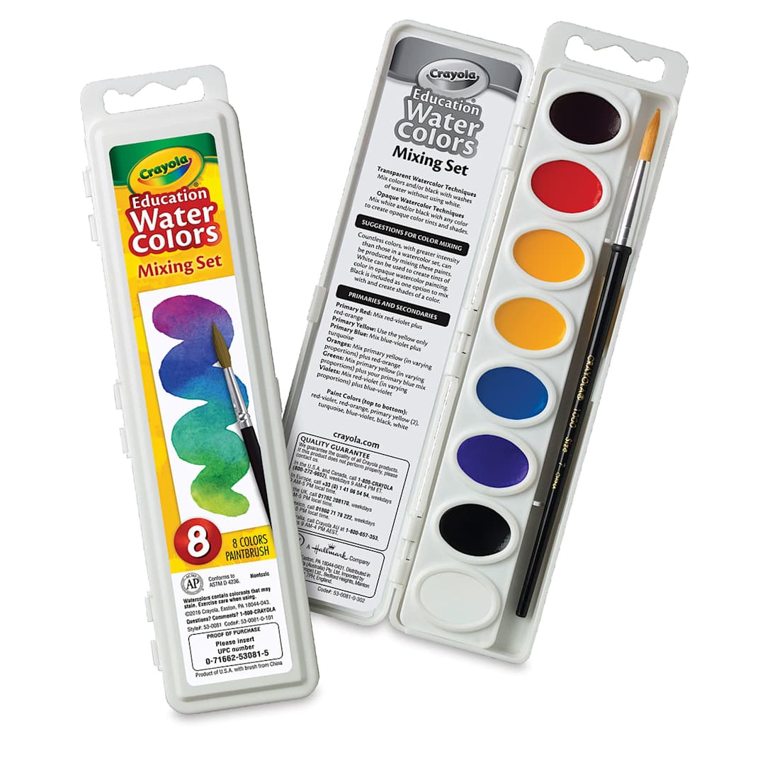 Open in modal - Crayola Educational Watercolor Pan Set - 8 Oval Mixing Colors. Closed and lid-open views of set. 