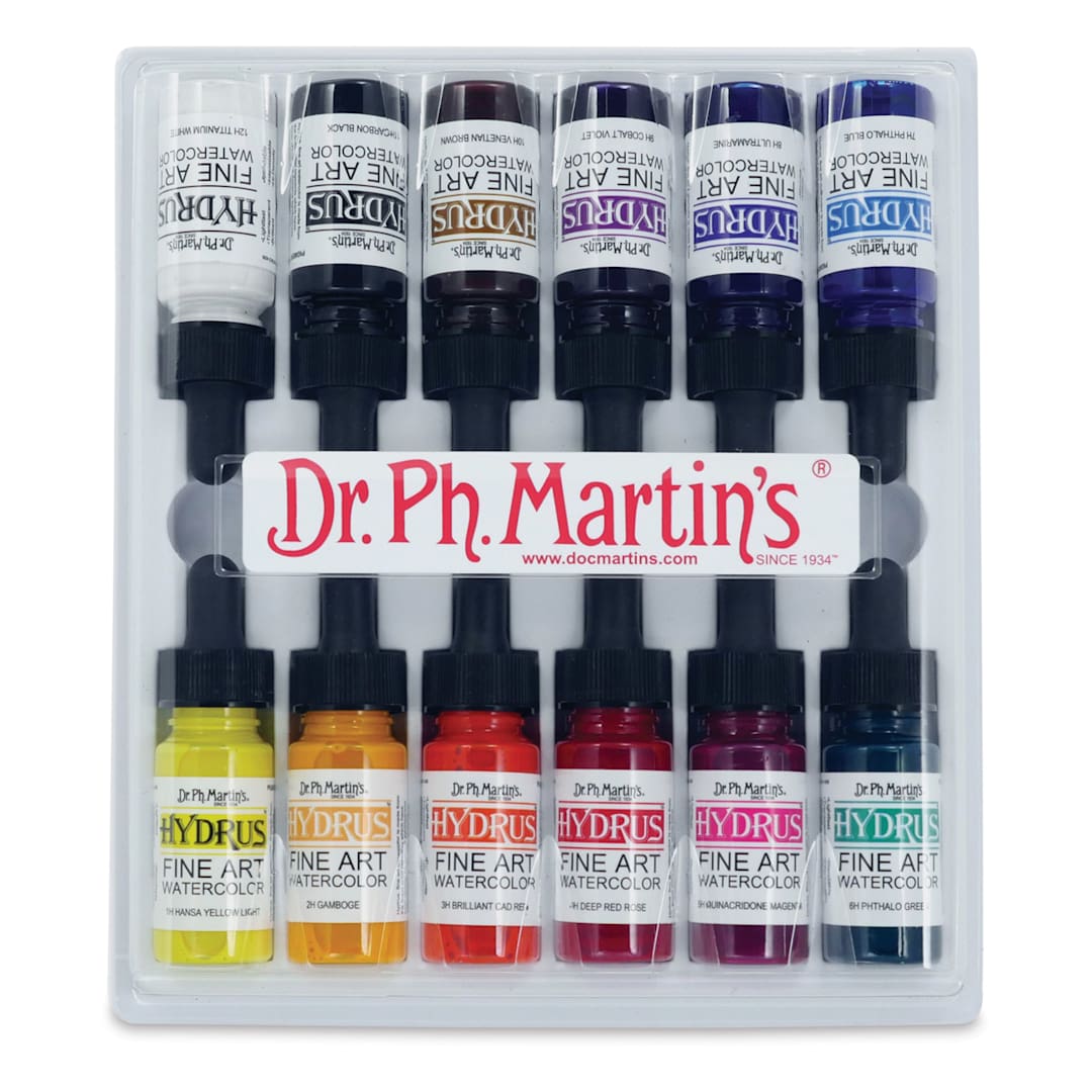 Open in modal - Dr. Ph. Martin's Hydrus Liquid Watercolors - Set 1, 12 Assorted colors, 0.5 oz Bottles in package