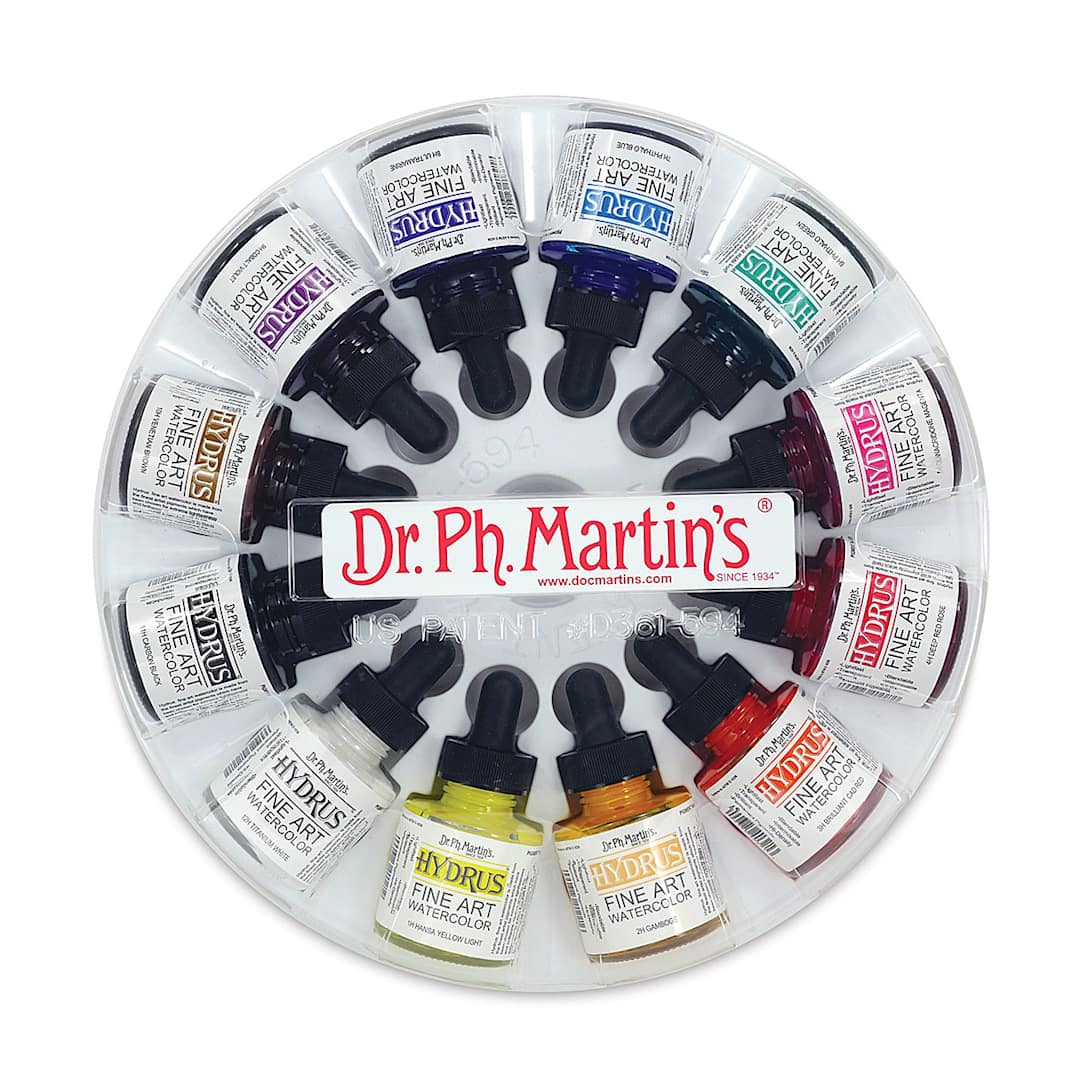 Open in modal - Dr. Ph. Martin's Hydrus Fine Art Liquid Watercolors - Set 1, 12 Assorted colors, 1 oz Bottles