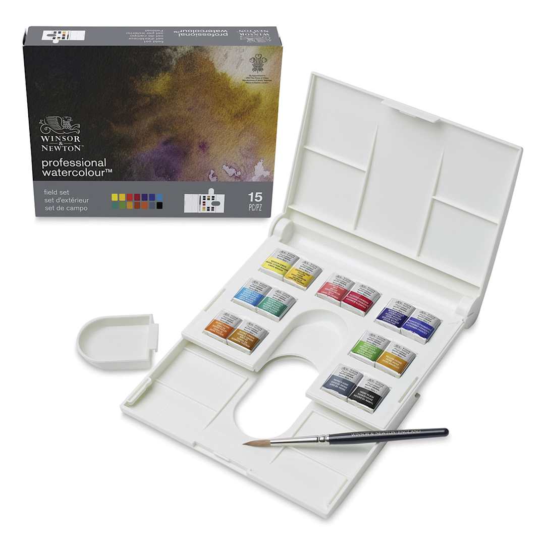 Open in modal - Winsor & Newton Professional Watercolor- Field Set of 14, Assorted Colors, Half Pans (Open set shown with packaging)