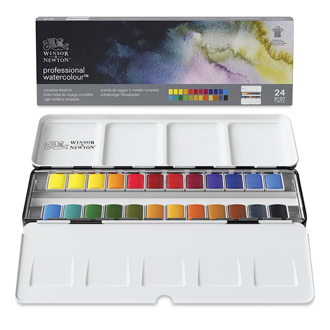 Open in modal - Winsor & Newton Professional Watercolor - Set of 24 Complete Travel Tin, Assorted - packaging and tin