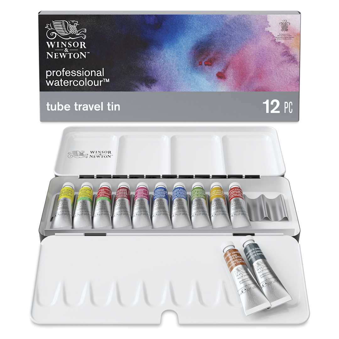 Open in modal - Winsor & Newton Professional Watercolor - Set of 12, Travel Tin, Assorted Colors, 5 ml Tubes