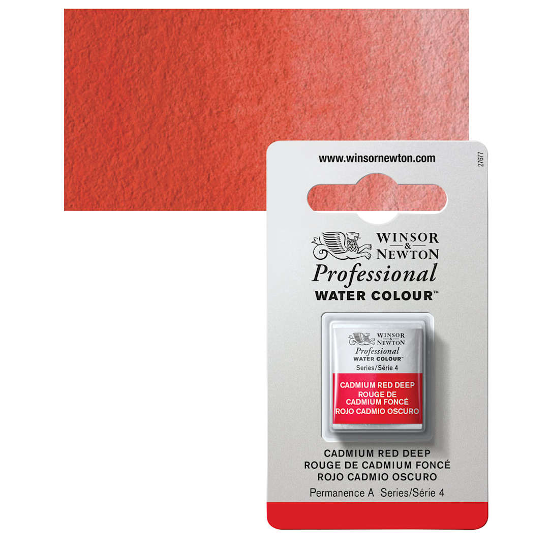 Open in modal - Winsor & Newton Professional Watercolor - Cadmium Red Deep, Half Pan and swatch