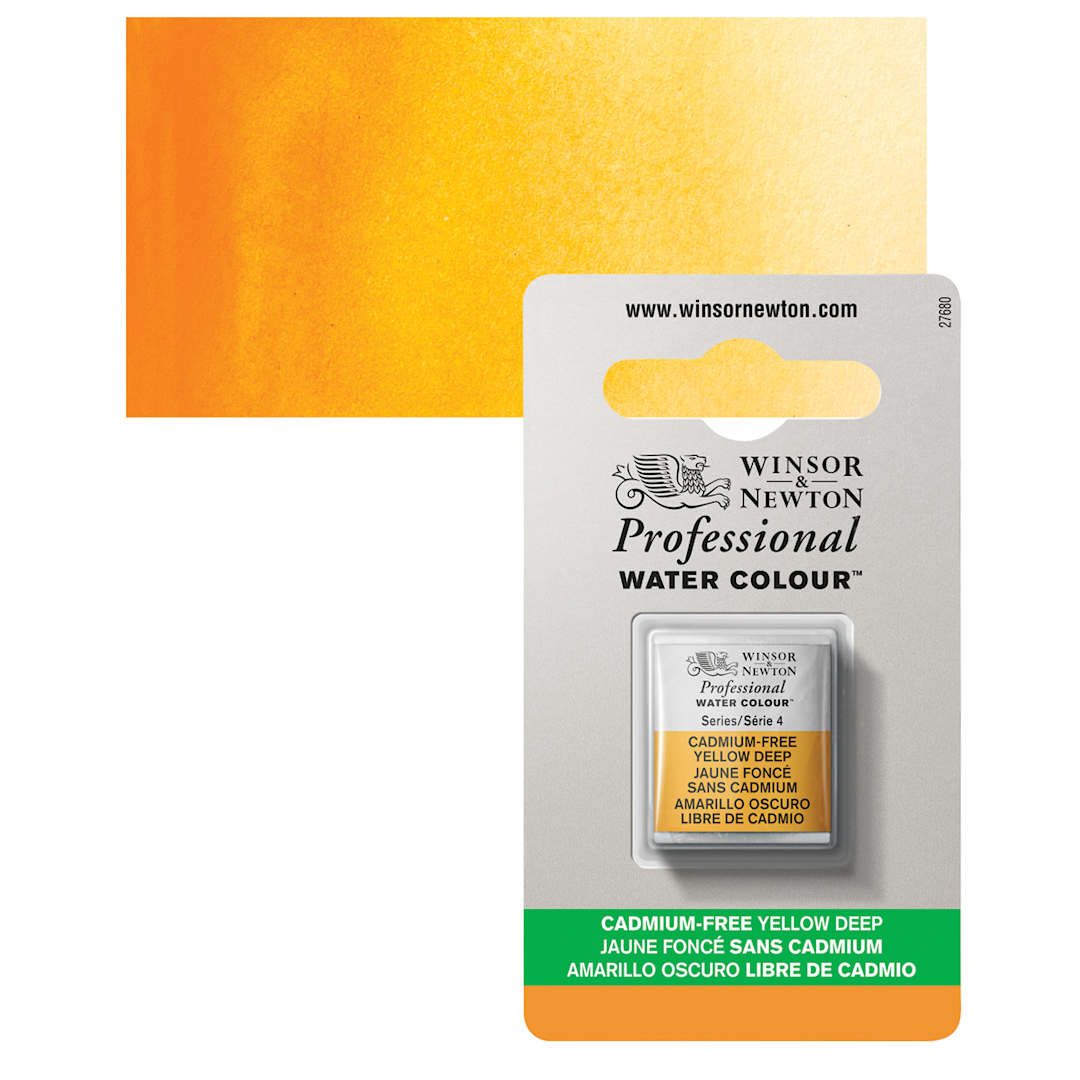 Open in modal - Winsor & Newton Professional Watercolor - Cadmium-Free Yellow Deep, Half Pan and swatch