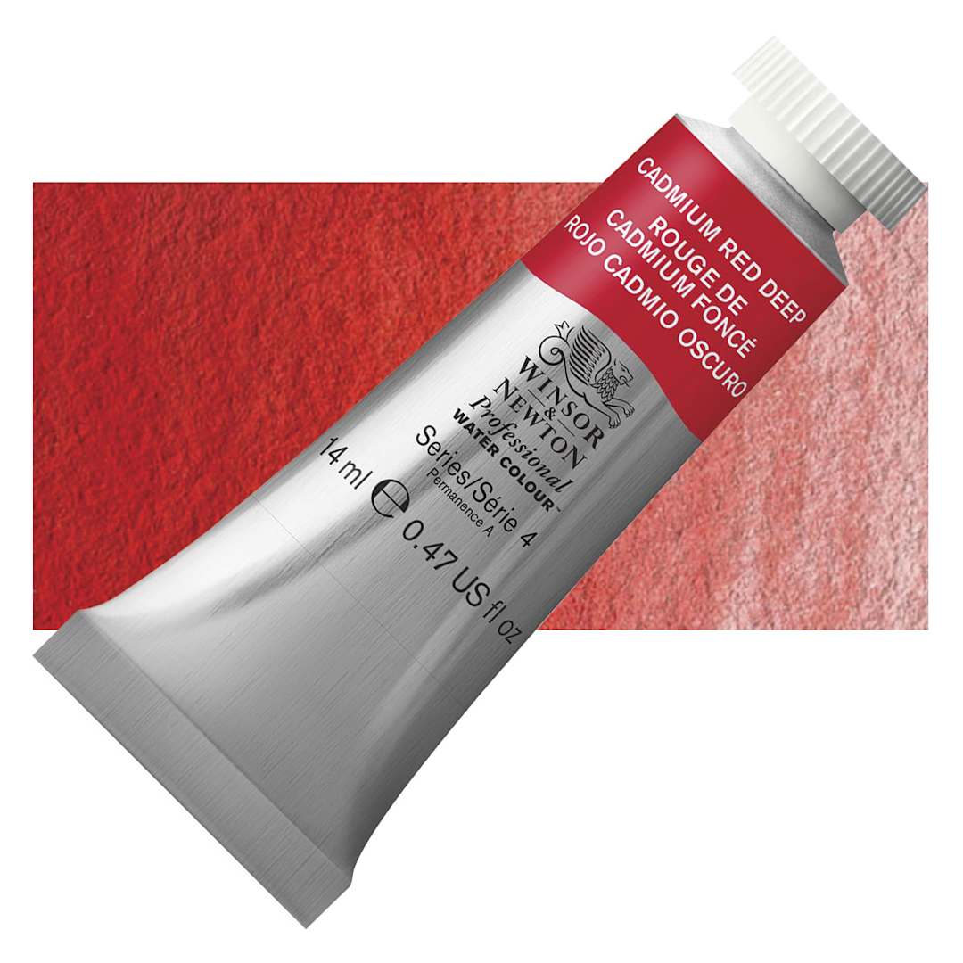 Open in modal - Winsor & Newton Professional Watercolor - Cadmium Red Deep, 14 ml Tube and swatch