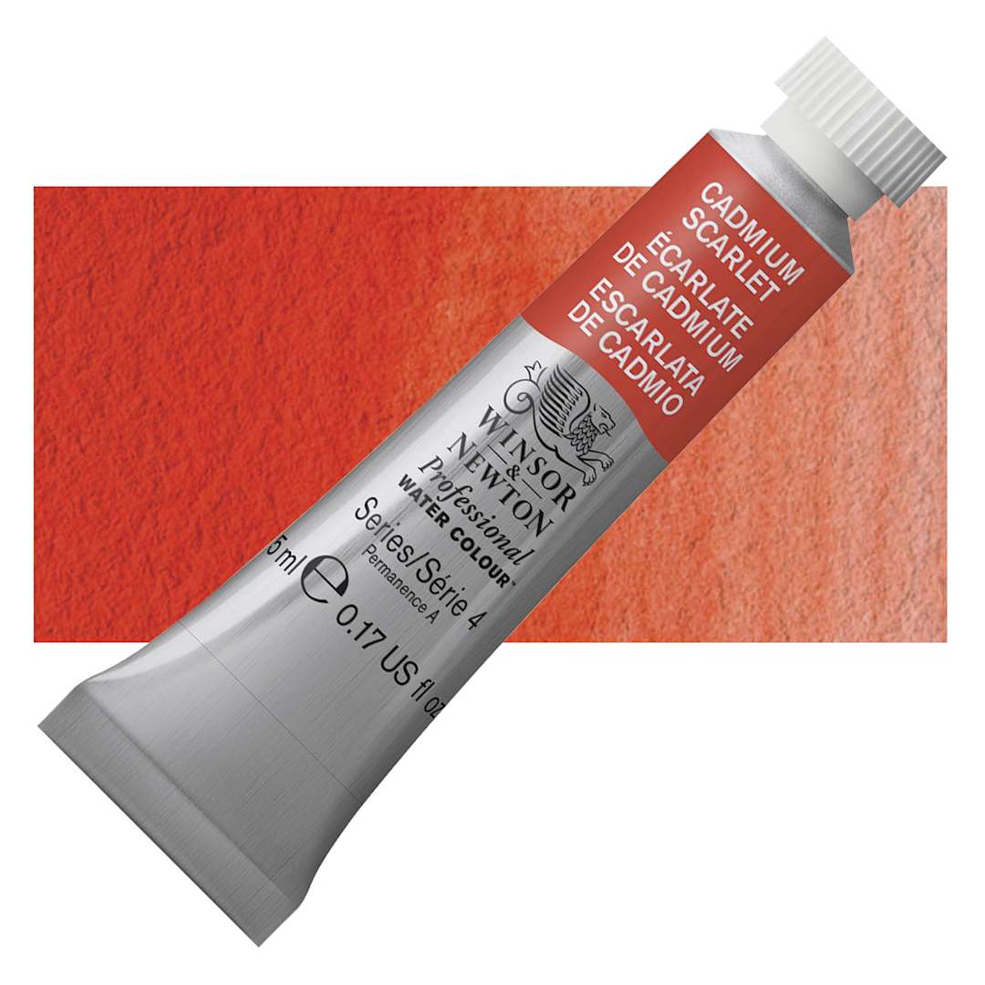 Open in modal - Winsor & Newton Professional Watercolor - Cadmium Scarlet, 5 ml Tube and swatch