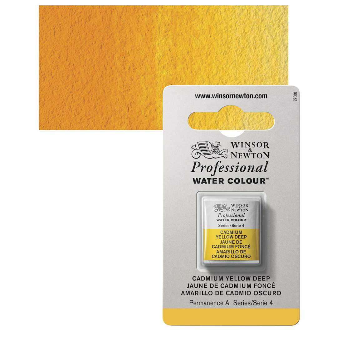 Open in modal - Winsor & Newton Professional Watercolor - Cadmium Yellow Deep, Half Pan and swatch