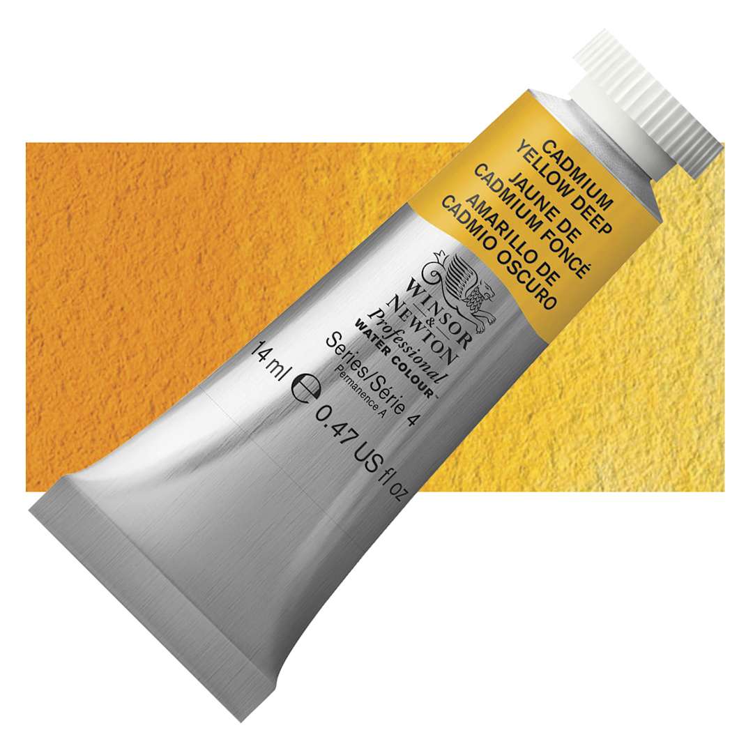 Open in modal - Winsor & Newton Professional Watercolor - Cadmium Yellow Deep, 14 ml Tube and swatch