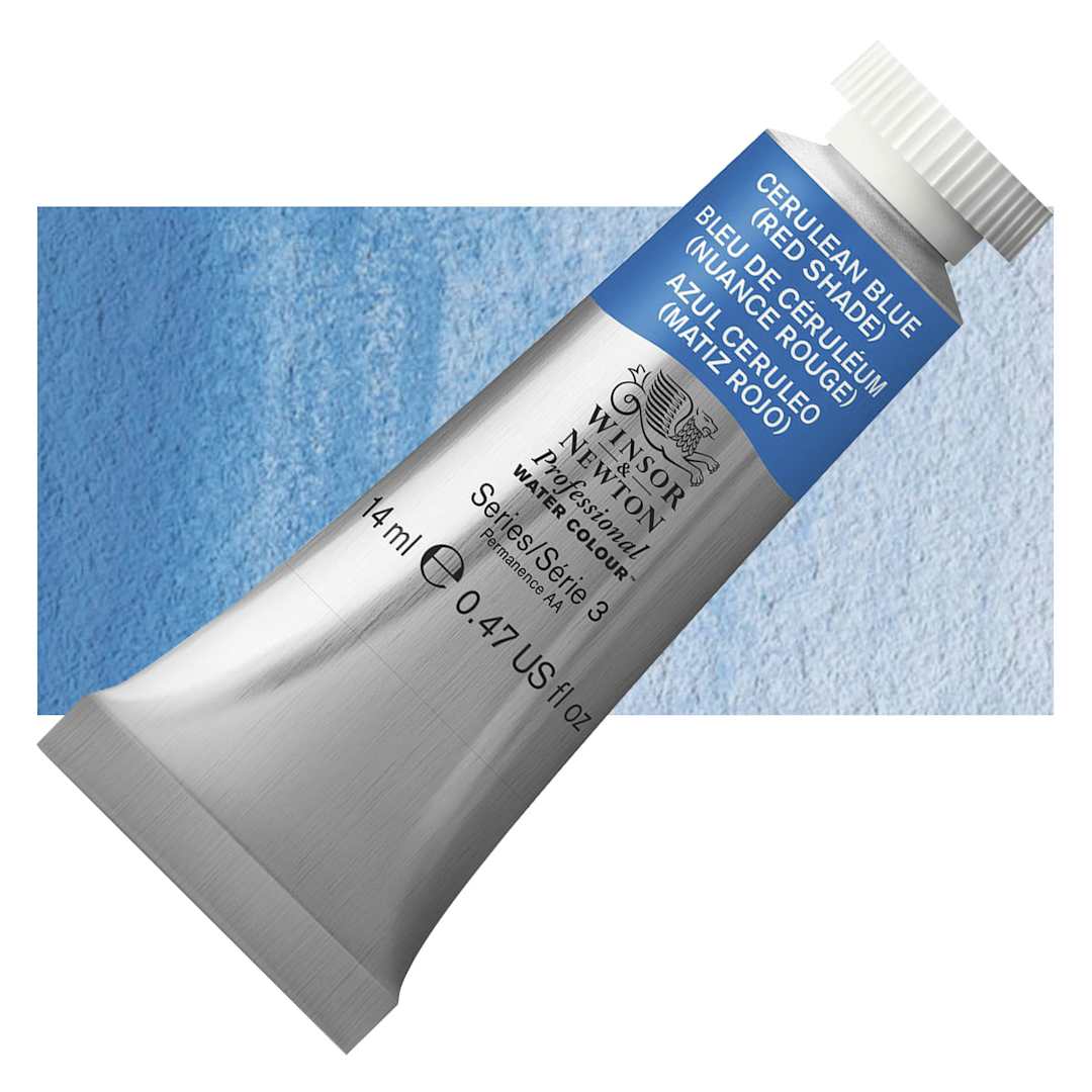 Open in modal - Winsor & Newton Professional Watercolor - Cerulean Blue (Red Shade), 14 ml Tube and swatch