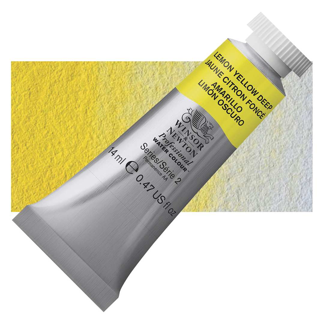 Open in modal - Winsor & Newton Professional Watercolor - Lemon Yellow Deep, 14 ml Tube and swatch