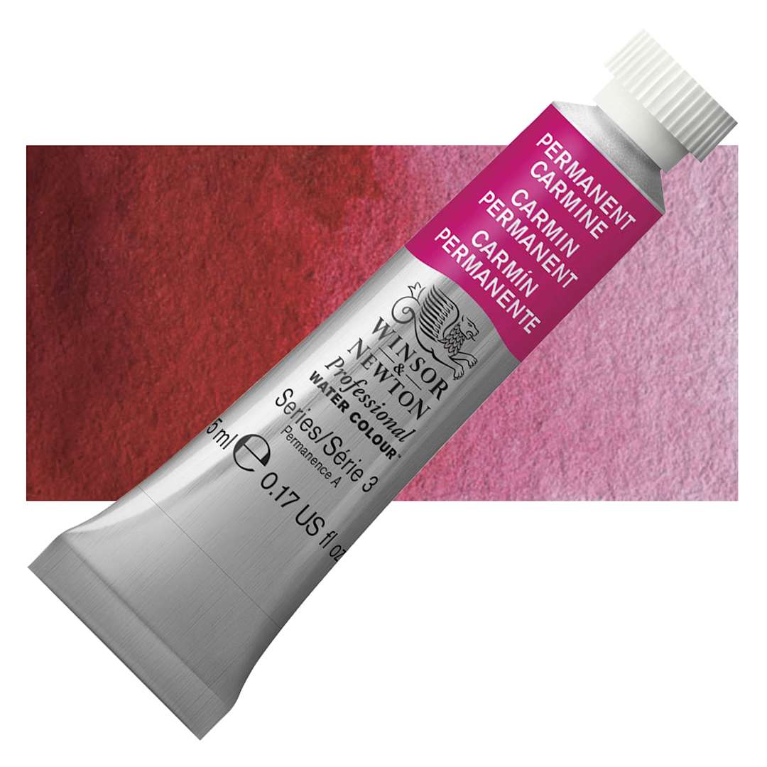 Open in modal - Winsor & Newton Professional Watercolor - Permanent Carmine, 5 ml Tube and swatch