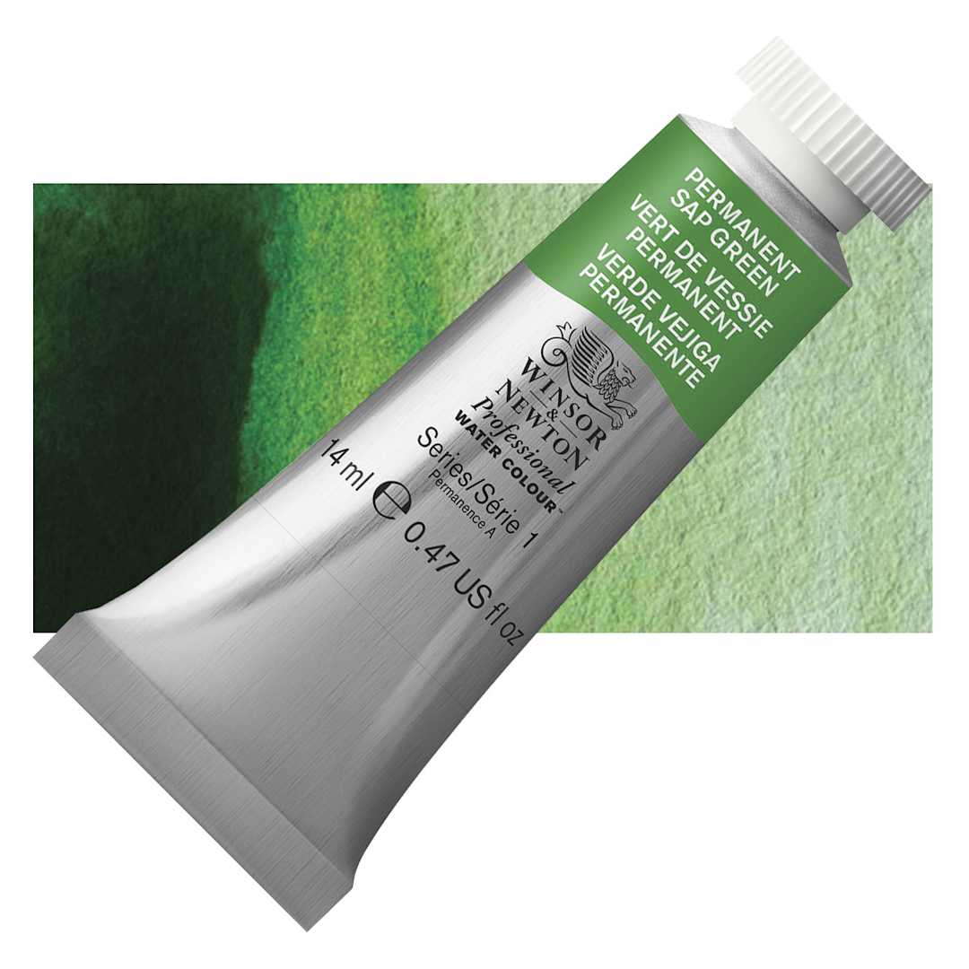 Open in modal - Winsor & Newton Professional Watercolor - Permanent Sap Green, 14 ml tube and swatch