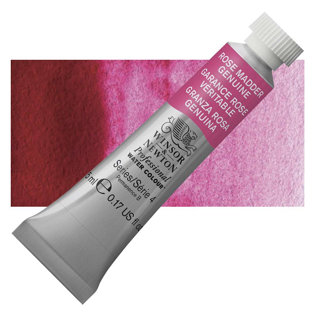 Open in modal - Winsor & Newton Professional Watercolor - Rose Madder Genuine, 5 ml Tube and swatch