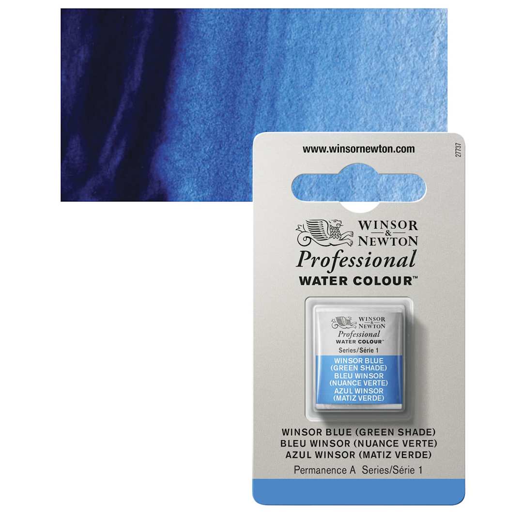 Open in modal - Winsor & Newton Professional Watercolor - Winsor Blue (Green Shade), Half Pan and swatch