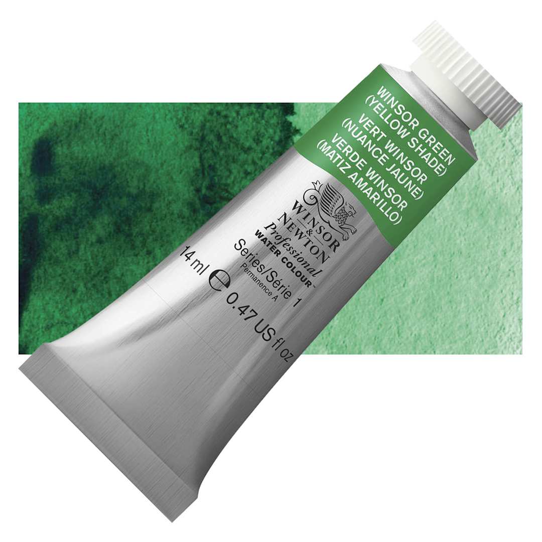 Open in modal - Winsor & Newton Professional Watercolor - Winsor Green (Yellow Shade), 14 ml tube and swatch