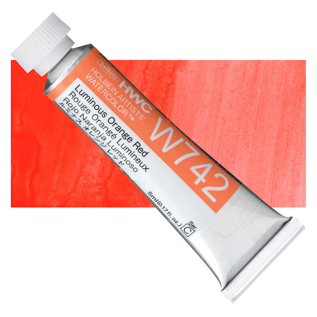 Open in modal - Holbein Artists' Watercolor - Luminous Orange Red, 5 ml Tube and swatch