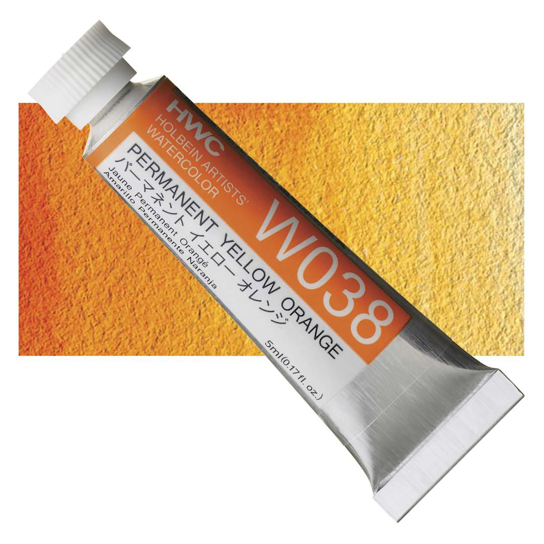 Open in modal - Holbein Artists' Watercolor - Permanent Yellow Orange, 5 ml tube and swatch