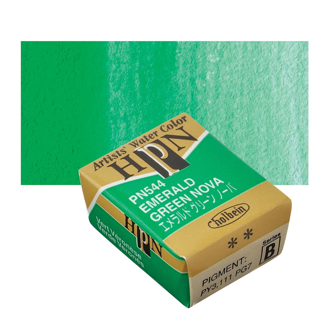 Open in modal - Holbein Artists' Watercolor Half Pan - Emerald Green Nova and swatch