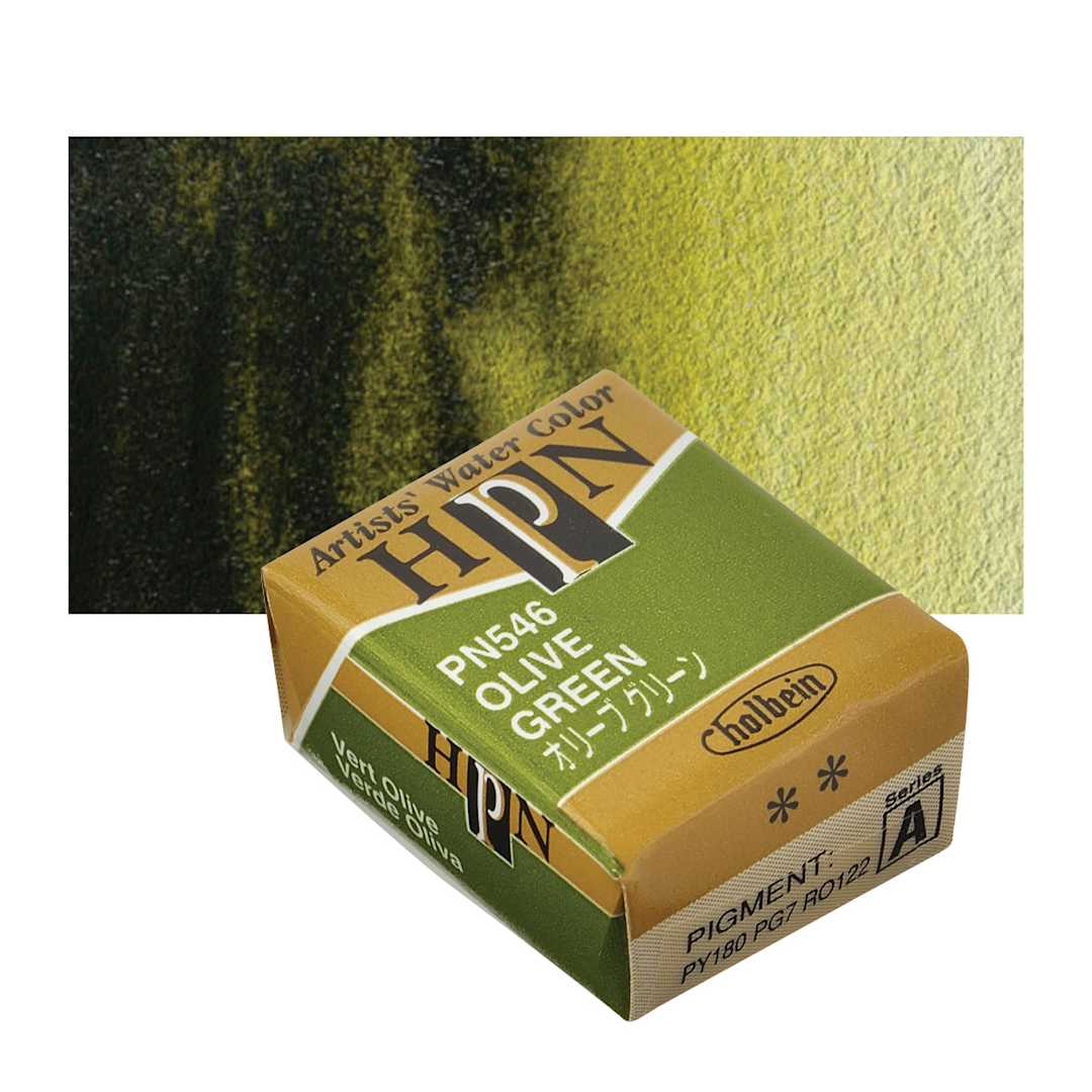 Open in modal - Holbein Artists' Watercolor Half Pan - Olive Green and swatch