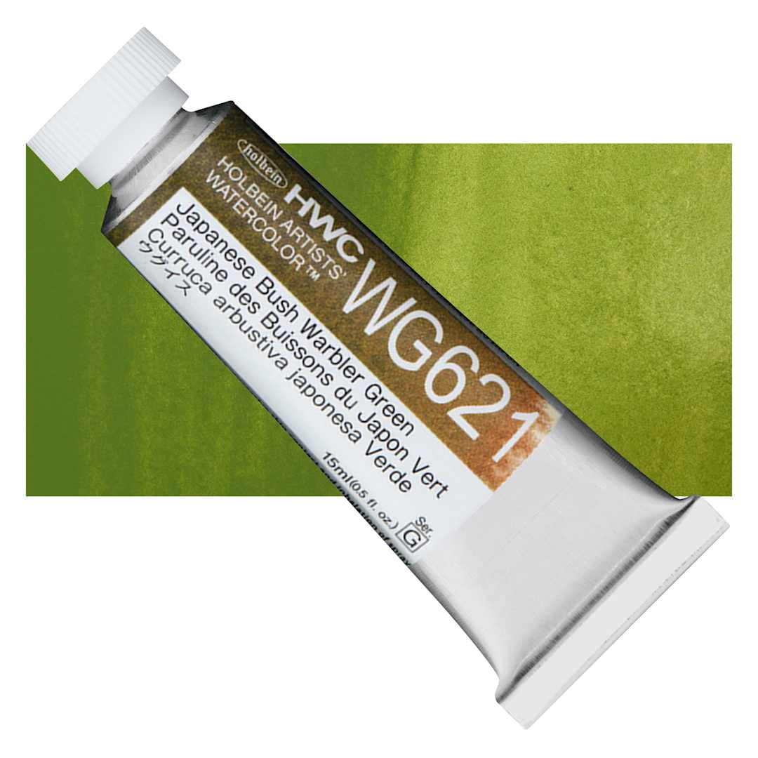 Open in modal - Holbein Artists' Watercolor - Japanese Bush Warbler Green, 15 ml tube and swatch