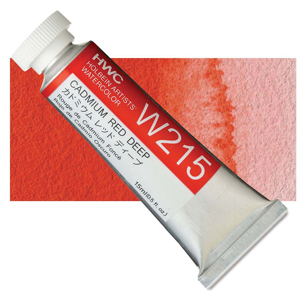 Open in modal - Holbein Artists' Watercolor - Cadmium Red Deep, 15 ml tube and swatch