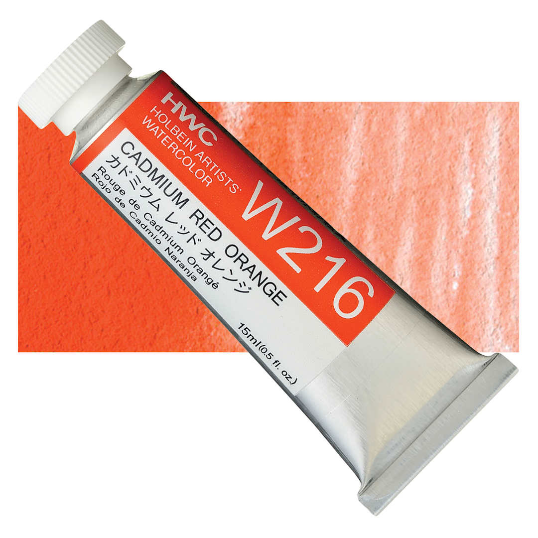 Open in modal - Holbein Artists' Watercolor - Cadmium Red Orange, 15 ml tube and swatch