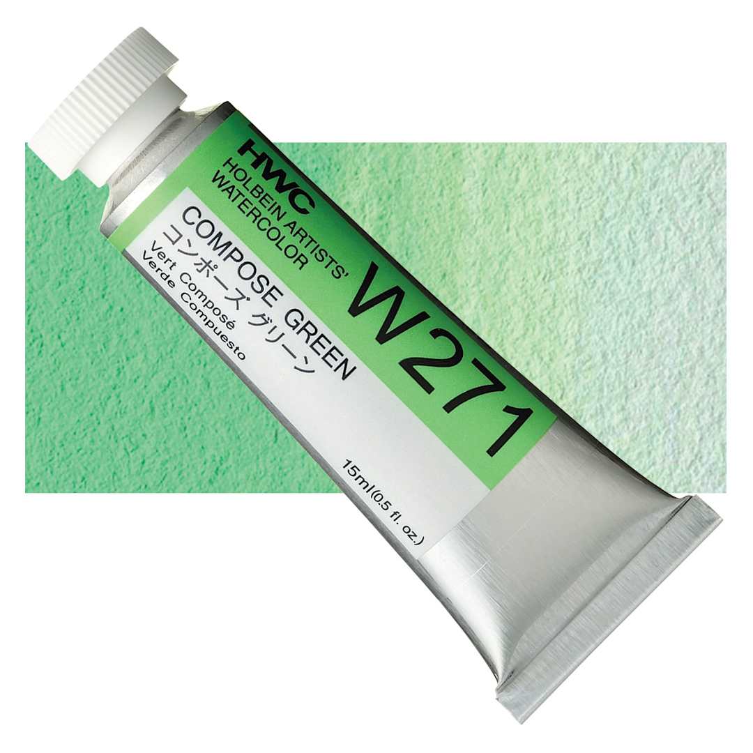 Open in modal - Holbein Artists' Watercolor - Compose Green 1, 15 ml tube and swatch