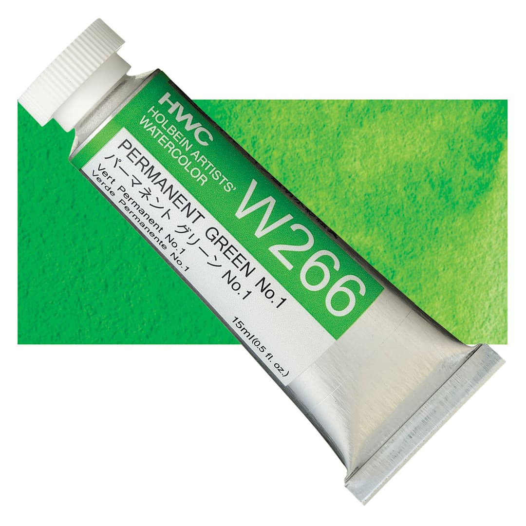 Open in modal - Holbein Artists' Watercolor - Permanent Green 1, 15 ml tube and swatch