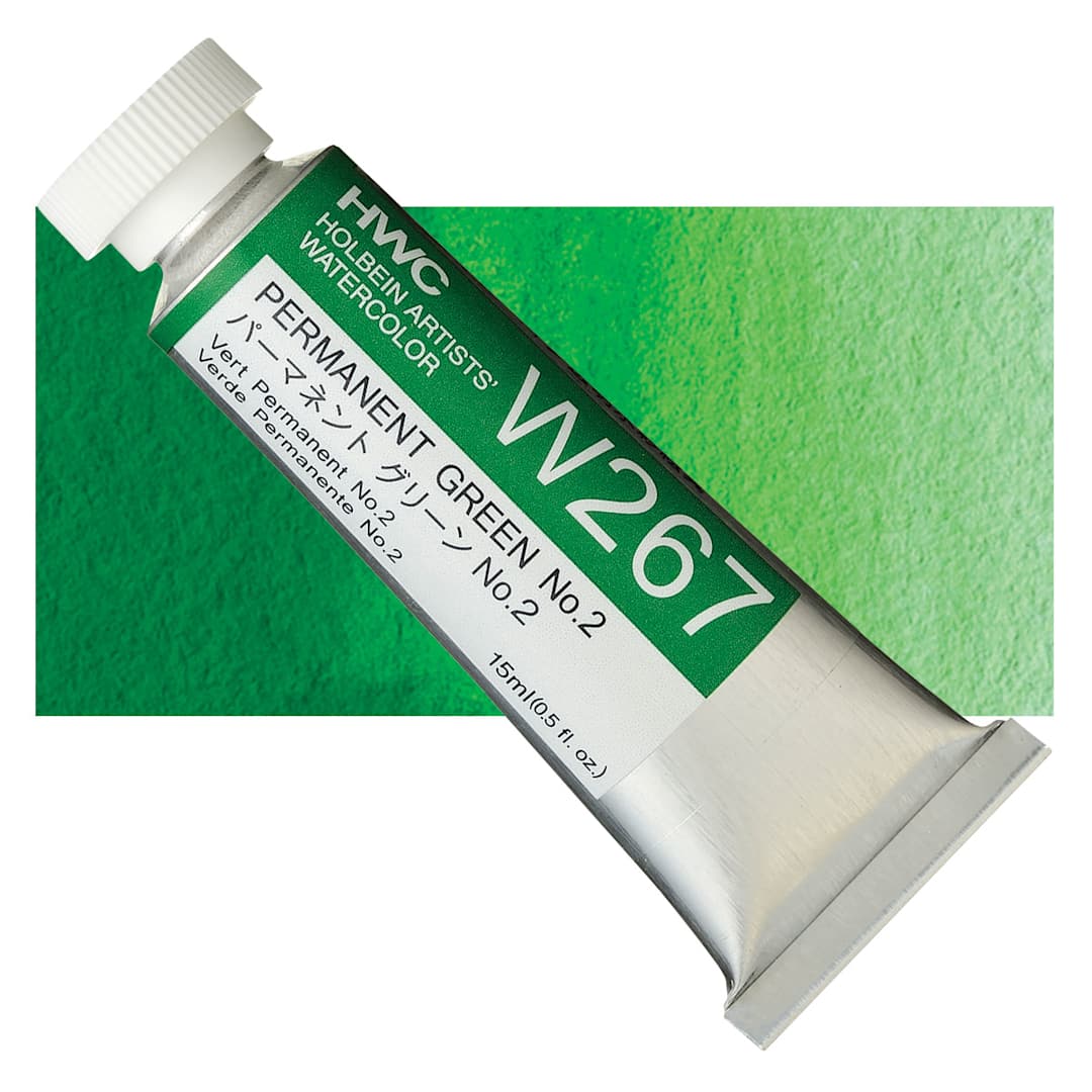 Open in modal - Holbein Artists' Watercolor - Permanent Green 2, 15 ml tube and swatch