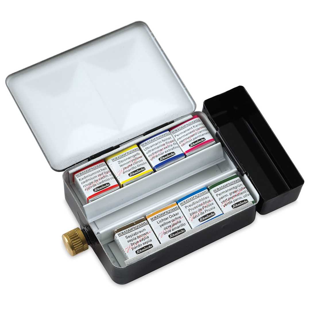 Open in modal - 
Half Pan Set of 8 in Metal Travel Box  Left Front Angle Inside Open Package