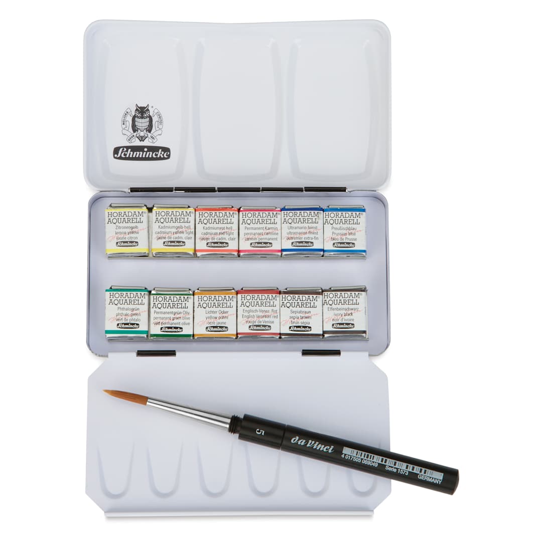 Open in modal - Schmincke Horadam Aquarell Watercolor Pans - Set of 12 with Travel Brush, pan open