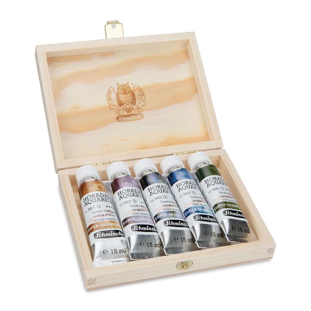 Open in modal - Schmincke Horadam Aquarell Artist Watercolor - Tundra, Supergranulation, Wood Box, Set of 5, 15 ml, Tubes (Tubes in case, Lid open)