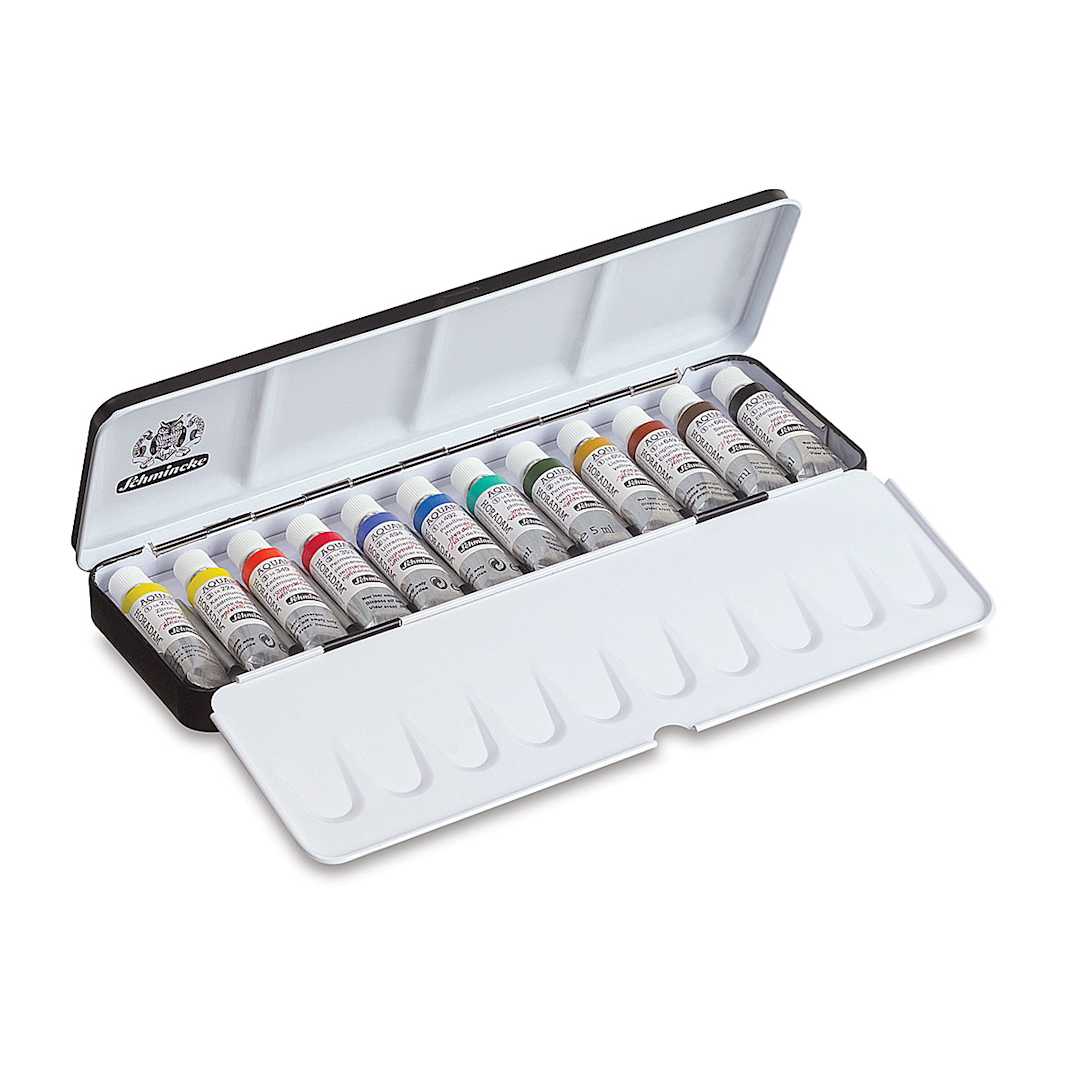 Open in modal - Schmincke Horadam Aquarell Artist Watercolors - Open 12 pc Assorted Colors Tin with foldout palette