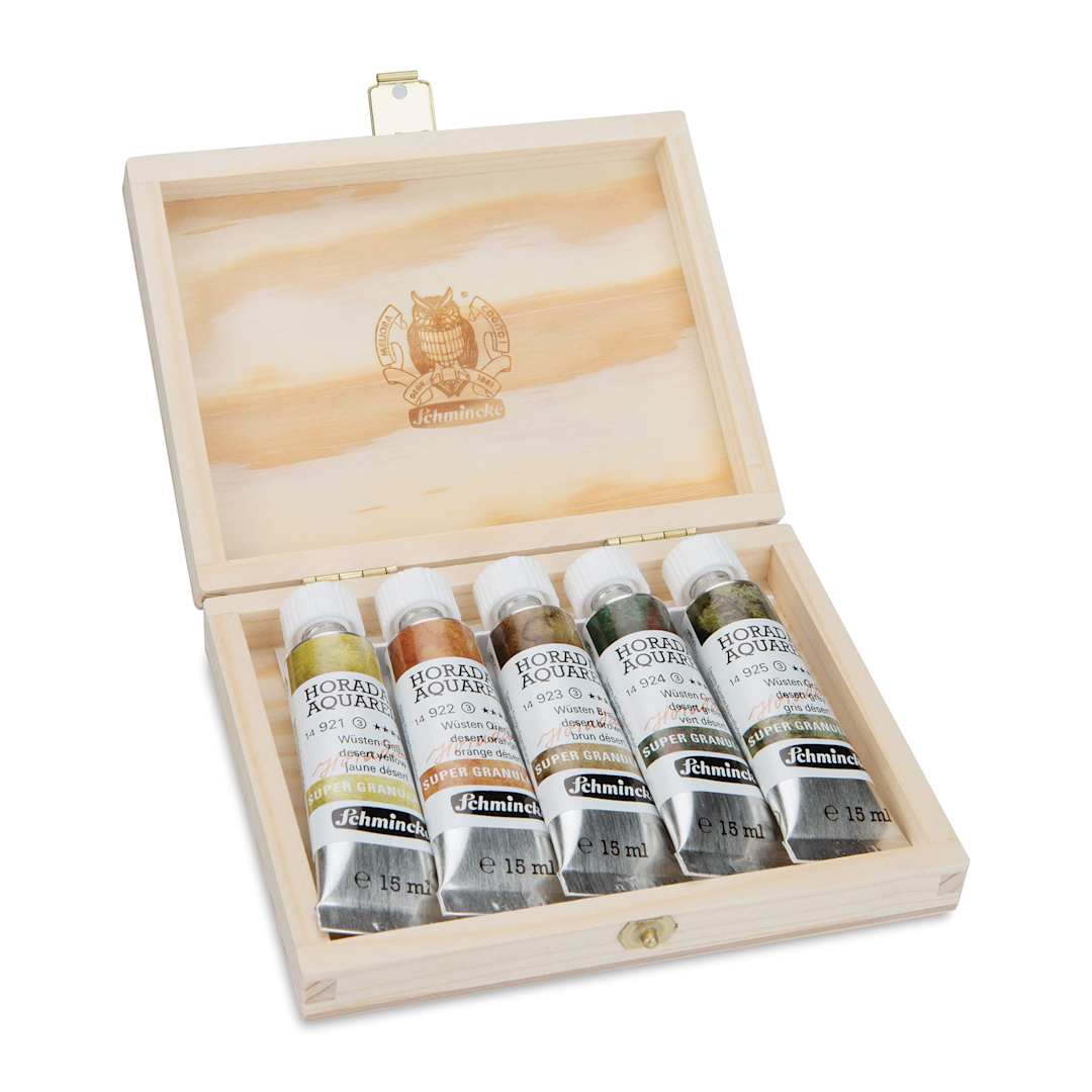 Open in modal - Schmincke Horadam Aquarell Artist Watercolor - Desert, Supergranulation, Set of 5, 15 ml, Tubes (Tubes in case, Lid open)