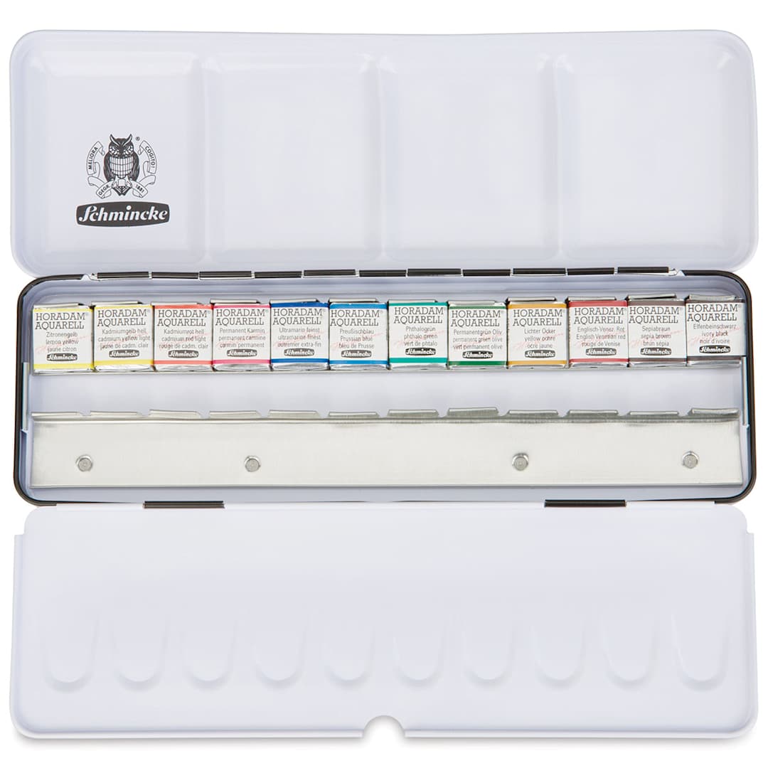 Open in modal - Schmincke Horadam Aquarell Watercolor Set - Assorted Colors, Set of 12 with 12 Empty Half Pans