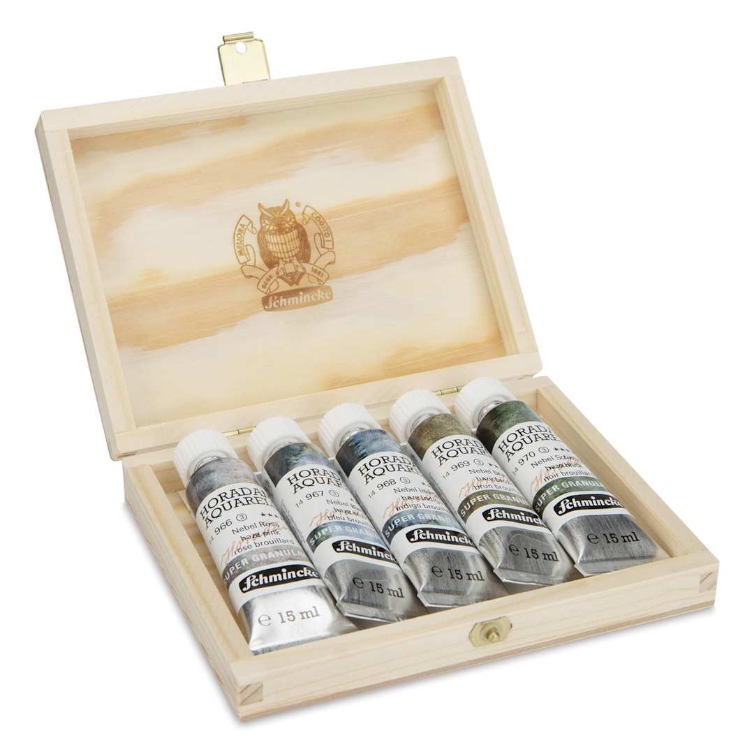 Open in modal - Schmincke Horadam Aquarell Artist Watercolor - Haze, Supergranulation, Set of 5, Wood Box, 15 ml, Tubes