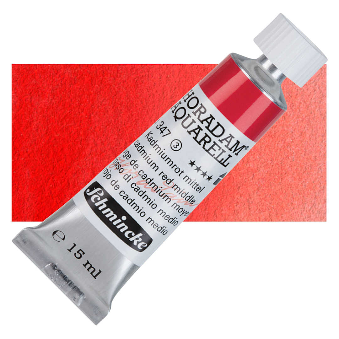 Open in modal - Schmincke Horadam Aquarell Artist Watercolor - Cadmium Red Middle, 15 ml tube and swatch