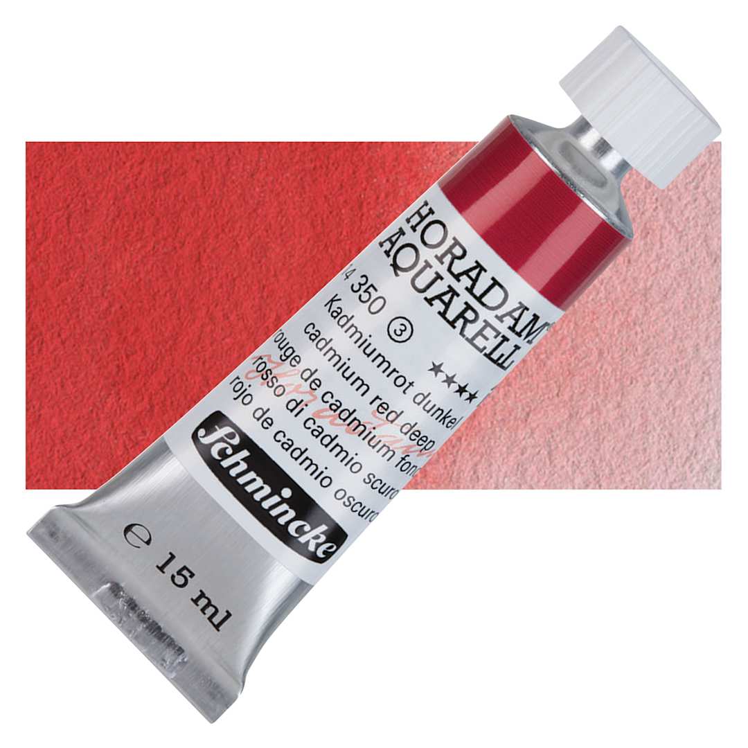 Open in modal - Schmincke Horadam Aquarell Artist Watercolor - Cadmium Red Deep, 15 ml tube and swatch