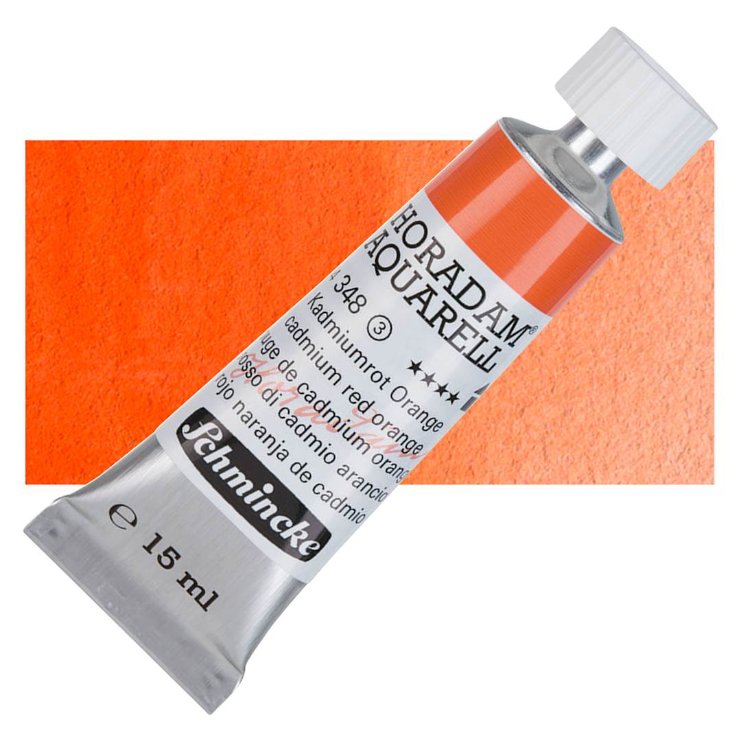 Open in modal - Schmincke Horadam Aquarell Artist Watercolor - Cadmium Red Orange, 15 ml tube and swatch