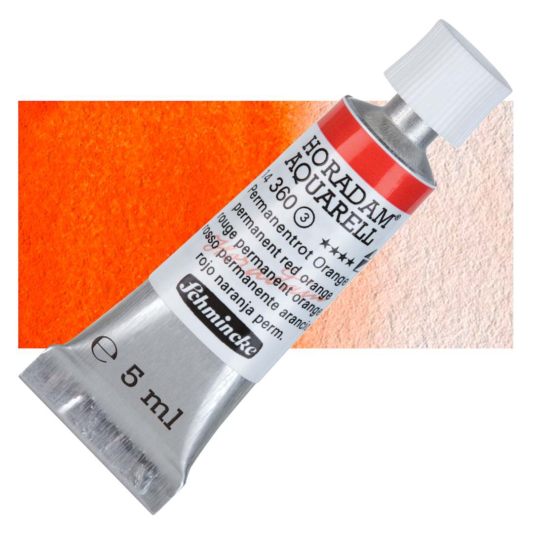 Open in modal - Schmincke Horadam Aquarell Watercolor - Permanent Red Orange, 5 ml tube and swatch