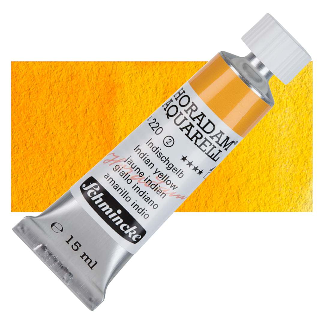 Open in modal - Schmincke Horadam Aquarell Artist Watercolor - Indian Yellow, 15 ml tube and swatch