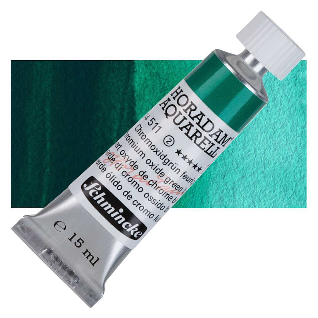 Open in modal - Schmincke Horadam Aquarell Artist Watercolor - Chromium Oxide Green Brilliant, 15 ml tube and swatch
