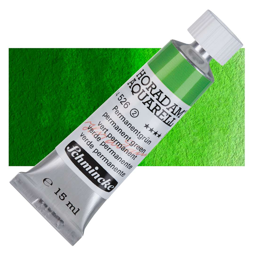 Open in modal - Schmincke Horadam Aquarell Watercolor - Permanent Green, 15 ml tube and swatch